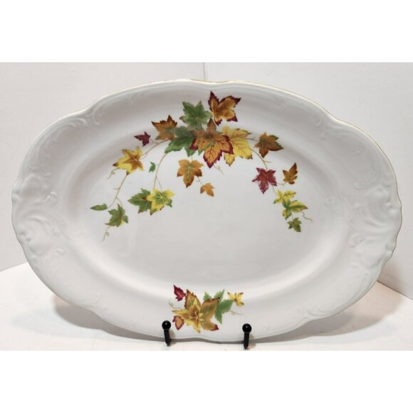 Vtg Walbrzych Poland Autumn Leaves Gold Rimmed Oval Platter Embossed Edges - Picture 1 of 12